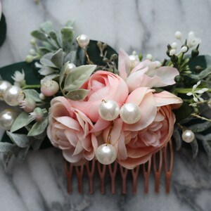 Pink Eucalyptus Hair comb pearl bridal hair piece pearl blush wedding comb pearl blush hair comb, light coral flower comb, blush floral comb image 8