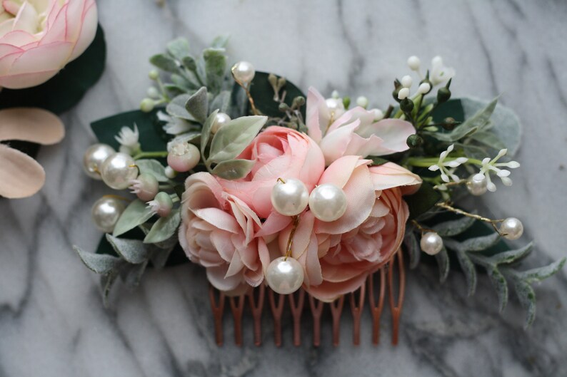 Pink Eucalyptus Hair comb pearl bridal hair piece pearl blush wedding comb pearl blush hair comb, light coral flower comb, blush floral comb image 8