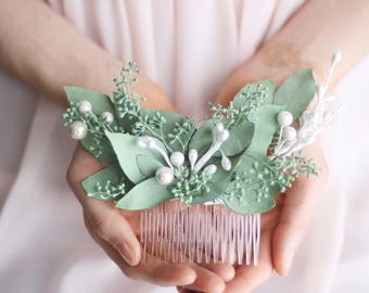 eucalyptus Hair comb greenery Bridal hair vine boho green flower pearl comb wedding dried flower hair accessory bridal floral hair piece ADA