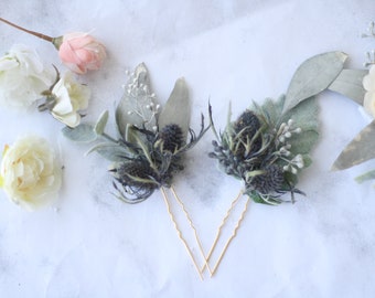 Eucalyptus blue thistle hair pins greenery  Bridal hair pin  bridal hair piece southwestern wedding flower hair comb floral blue  hair pin