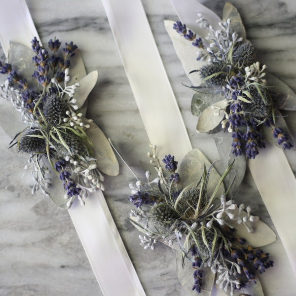 Eucalyptus corsage dried flower corsage greenery thistle lavender corsage blue flower prom corsage  wedding wrist wrap dried flower corsage