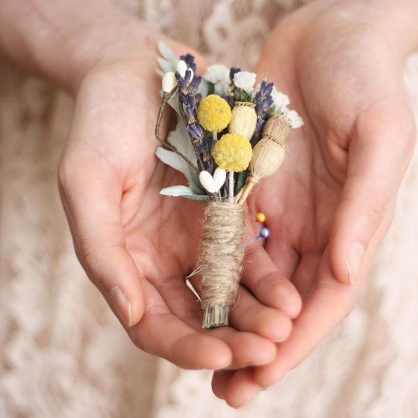 dried flower boutonniere lapel pin yellow flower boutonniere lavender Groomsmen buttonhole natural greenery flower boutonniere MEADOW