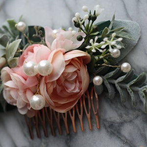 Pink Eucalyptus Hair comb pearl bridal hair piece pearl blush wedding comb pearl blush hair comb, light coral flower comb, blush floral comb image 5