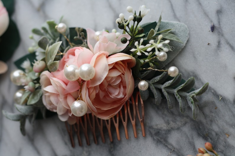 Pink Eucalyptus Hair comb pearl bridal hair piece pearl blush wedding comb pearl blush hair comb, light coral flower comb, blush floral comb image 5