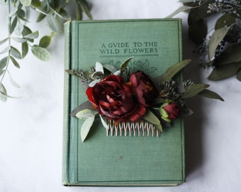 burgundy flower combEucalyptus greenery hair comb Wedding red hair piece Burgundy flower comb eucalyptus red flower bridal comb floral comb