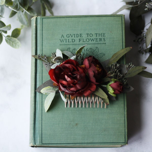 burgundy flower combEucalyptus greenery hair comb Wedding red hair piece Burgundy flower comb eucalyptus red flower bridal comb floral comb