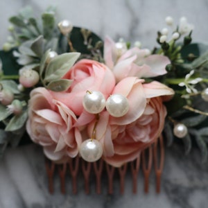 Pink Eucalyptus Hair comb pearl bridal hair piece pearl blush wedding comb pearl blush hair comb, light coral flower comb, blush floral comb image 10