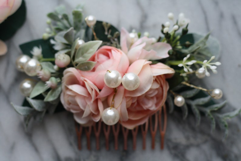 Pink Eucalyptus Hair comb pearl bridal hair piece pearl blush wedding comb pearl blush hair comb, light coral flower comb, blush floral comb image 10