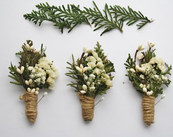 Rustic Boutonniere woodland wedding boutonniere white flower boho boutonniere Groomsmen winter buttonhole cedar lapel pin boutonniere JOHN