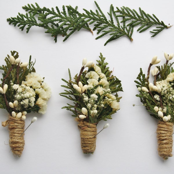 Rustic Boutonniere woodland wedding boutonniere white flower boho boutonniere Groomsmen winter buttonhole cedar lapel pin boutonniere JOHN