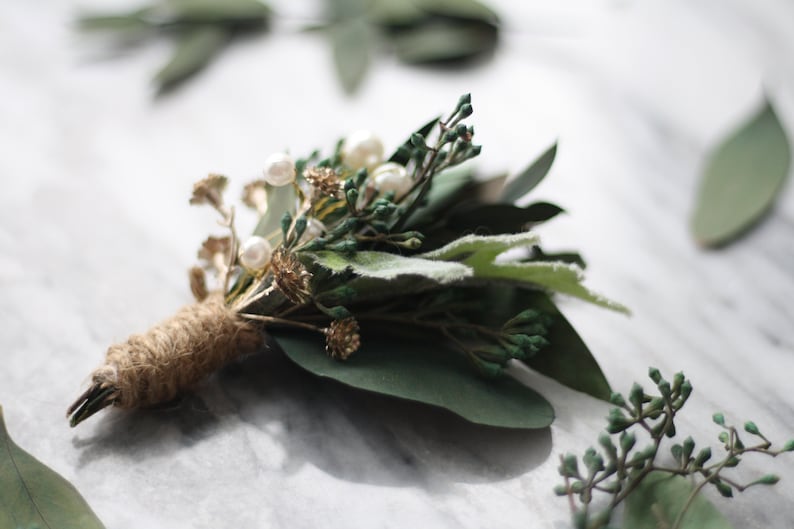 Eucalyptus Boutonniere green dried flower lapel pin pearl gold flower wedding buttonhole boho boutonniere groomsman flower boutonniere image 2