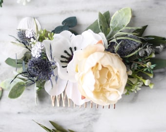 ivory flower comb blue thistle dry flower comb eucalyptus greenery Bridal piece scottish thistle comb wedding hair accessory spring wedding