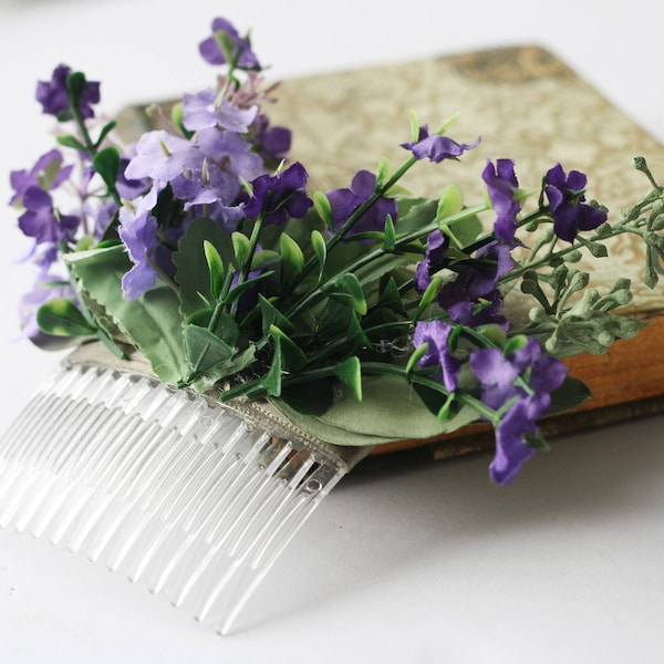 Eucalyptus hair comb greenery succulent  hair vine boho purple flower comb  bridal hair piece woodland flower hair comb floral hair pin