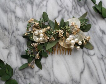 eucalyptus Hair comb greenery gold Bridal comb pearl flower comb wedding dried flower comb bridal floral hair piece wedding hair accessory