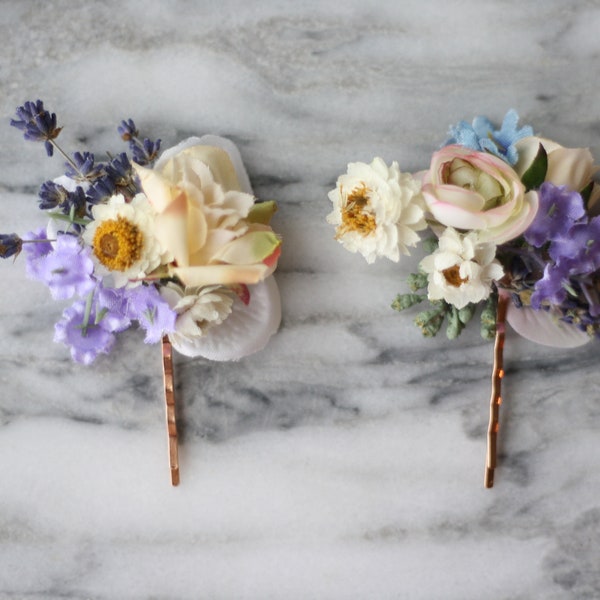 daisy Hair pin SET bridal hair clip pink flower pin blush  flower bobby pin dry flower hair accessory blue flower pin lavender hairpin