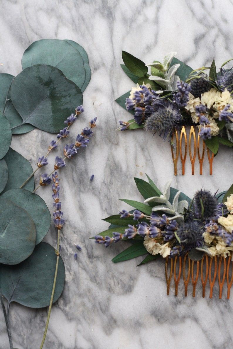 blue lavender thistle hair comb greenery Bridal hair piece dried eucalyptus comb bridal hair piece woodland flower hair comb floral comb image 10