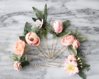 blush bridal flower hair pin Eucalyptus pastel flower hair pin pink floral hair clip spring wedding accessory dry floral bridal hair pin