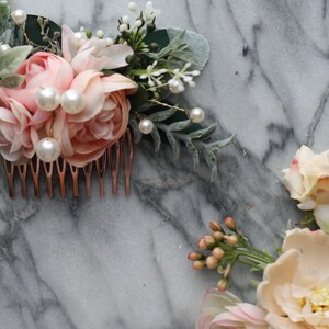 Pink Eucalyptus Hair comb pearl bridal hair piece pearl blush wedding comb pearl blush hair comb, light coral flower comb, blush floral comb image 3