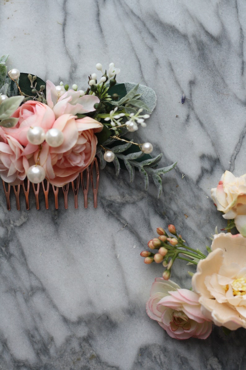 Pink Eucalyptus Hair comb pearl bridal hair piece pearl blush wedding comb pearl blush hair comb, light coral flower comb, blush floral comb image 3