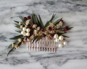 eucalyptus Hair comb greenery gold Bridal veil alternative pearl flower comb red woodland dried flower lunaria comb bridal floral hair piece