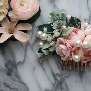 Pink Eucalyptus Hair comb pearl bridal hair piece pearl blush wedding comb pearl blush hair comb, light coral flower comb, blush floral comb image 7