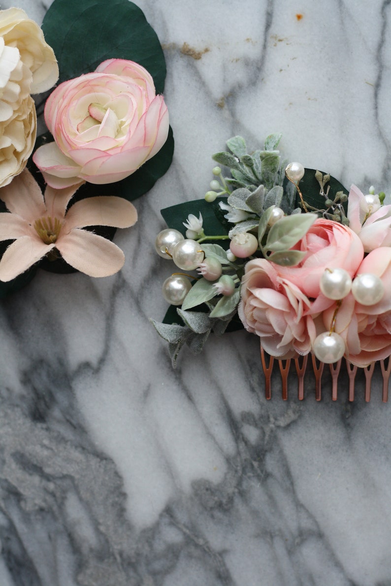 Pink Eucalyptus Hair comb pearl bridal hair piece pearl blush wedding comb pearl blush hair comb, light coral flower comb, blush floral comb image 7