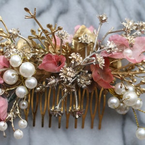 gold and pink comb pearl hair comb gold hair jewelry image 4