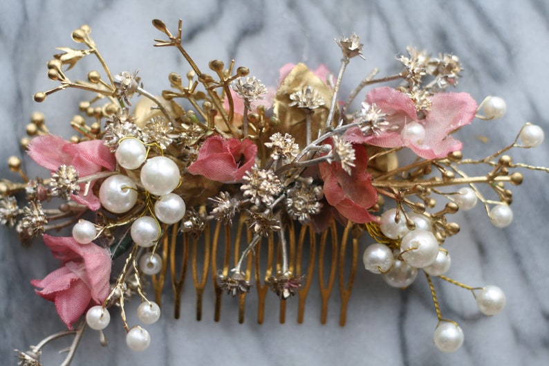 gold and pink comb pearl hair comb gold hair jewelry image 4