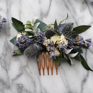 blue lavender thistle hair comb greenery Bridal hair piece dried eucalyptus comb bridal hair piece woodland flower hair comb floral comb image 5