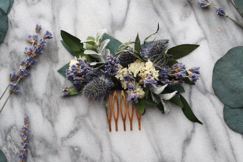 blue lavender thistle hair comb greenery Bridal hair piece dried eucalyptus comb bridal hair piece woodland flower hair comb floral comb image 5