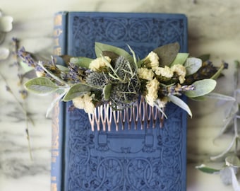 Eucalyptus lavender thistle half crown greenery Bridal hair piece dried flowers comb bridal hair piece woodland flower crown floral comb