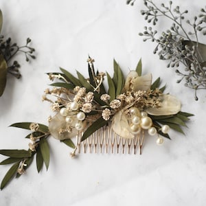 eucalyptus Hair comb greenery gold Bridal comb pearl flower comb wedding dried flower comb bridal floral hair piece wedding hair accessory