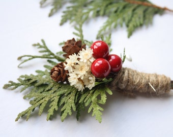 Rustic Boutonniere Winter Woodland wedding boutonniere Groomsmen holly buttonhole dried  flower butineer christmas wedding NOELLE