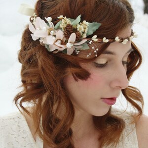 Bridal  pastel flower crown Rustic bridal tiara boho hair vine dried flower halo pinecone wreath Woodland wedding crown bridal circlet LIlLY