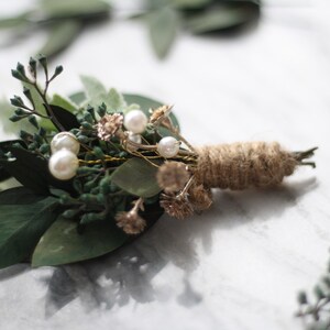 Eucalyptus Boutonniere green dried flower lapel pin pearl gold flower wedding buttonhole boho boutonniere groomsman flower boutonniere image 4