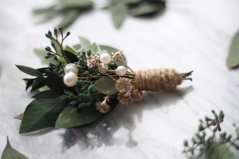 Eucalyptus Boutonniere green dried flower lapel pin pearl gold flower wedding buttonhole boho boutonniere groomsman flower boutonniere image 4