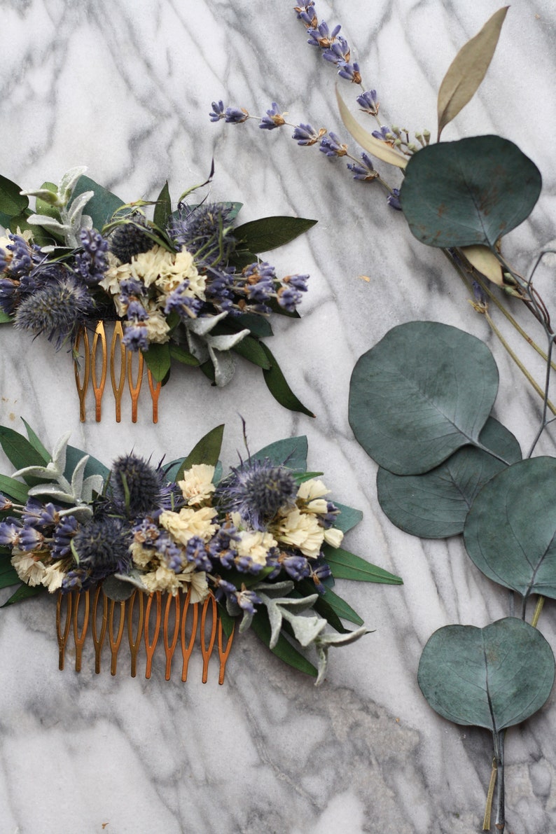 blue lavender thistle hair comb greenery Bridal hair piece dried eucalyptus comb bridal hair piece woodland flower hair comb floral comb image 9