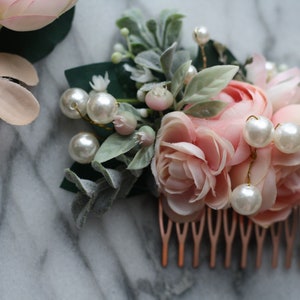 Pink Eucalyptus Hair comb pearl bridal hair piece pearl blush wedding comb pearl blush hair comb, light coral flower comb, blush floral comb image 6