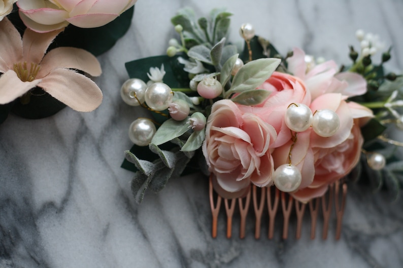 Pink Eucalyptus Hair comb pearl bridal hair piece pearl blush wedding comb pearl blush hair comb, light coral flower comb, blush floral comb image 6