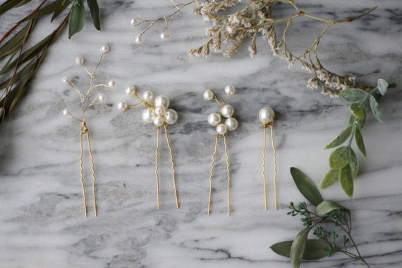 Bridal Hair Pin SET Gold Bridal Hairpiece Pearl Pin Bridal  display picture 2