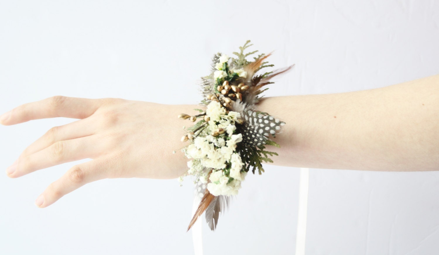 Rustic Corsage gold feather corsage Woodland cedar corsage flower white flower corsage winter wedding wrist wrap gold  bridal corsage THEA