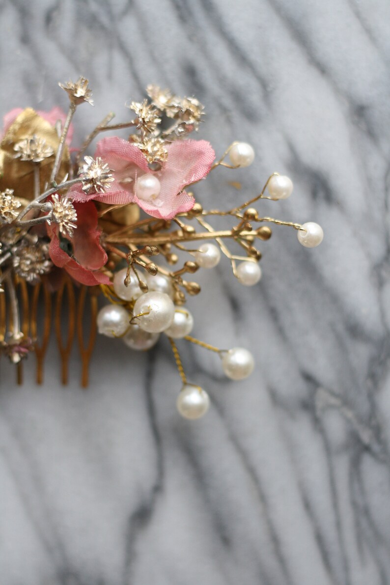 gold and pink comb pearl hair comb gold hair jewelry image 5