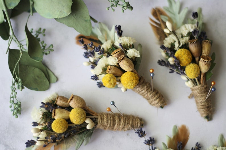 dried flower boutonniere lapel pin yellow flower boutonniere lavender Groomsmen buttonhole natural greenery flower boutonniere MEADOW image 1