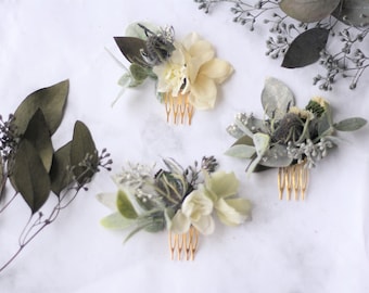 blue thistle hair minicomb SET eucalyptus greenery  Bridal hair comb  bridal hair piece dried flowers comb ivory flower comb floral minicomb