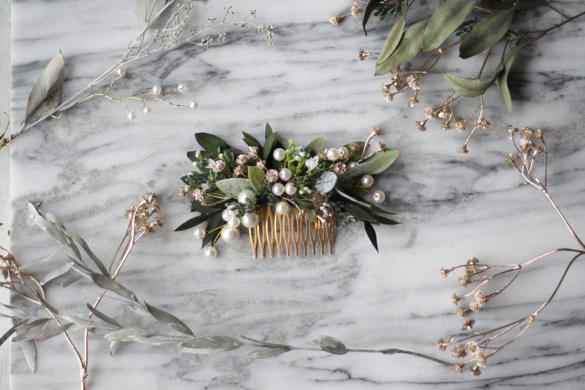 eucalyptus pearl bridal comb babys breath Bridal hair piece image 2