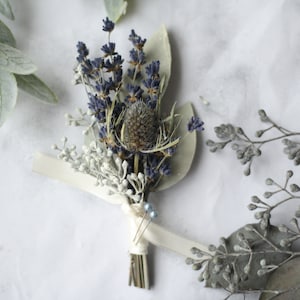 Eucalyptus Boutonniere lavender boutonniere blue thistle boutonniere lapel pin Woodland wedding buttonhole dried flower boutonniere corsage