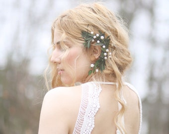 greenery flower comb pearl hair piece green dried flower earcuff ivory dried flower comb eucalyptus hair accessory floral comb earclimber