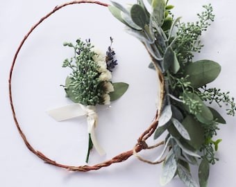 Eucalyptus Boutonniere ivory dried flower lapel pin Woodland wedding lavender buttonhole boho greenery boutonniere groomsman flower bout