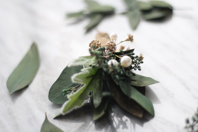 Eucalyptus Boutonniere green dried flower lapel pin pearl gold flower wedding buttonhole boho boutonniere groomsman flower boutonniere image 3