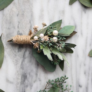 Eucalyptus Boutonniere green dried flower lapel pin pearl gold flower wedding buttonhole boho boutonniere groomsman flower boutonniere image 10